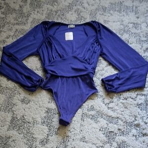 Free People Blue Long-Sleeve Bodysuit